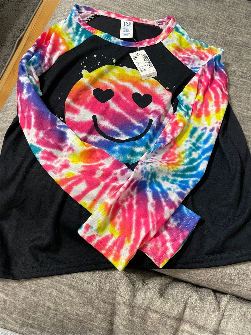 PJ Kids Rainbow Tie-Dye Raglan Tee with Heart-Eyes Smile